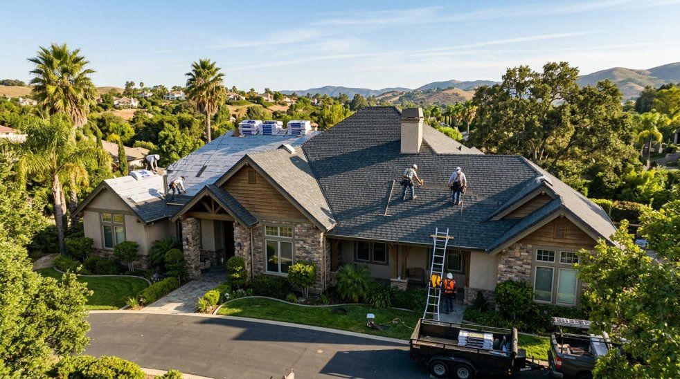 Roofers replacing shingles on a large suburban house roof with ladders, tools, and materials in the driveway
